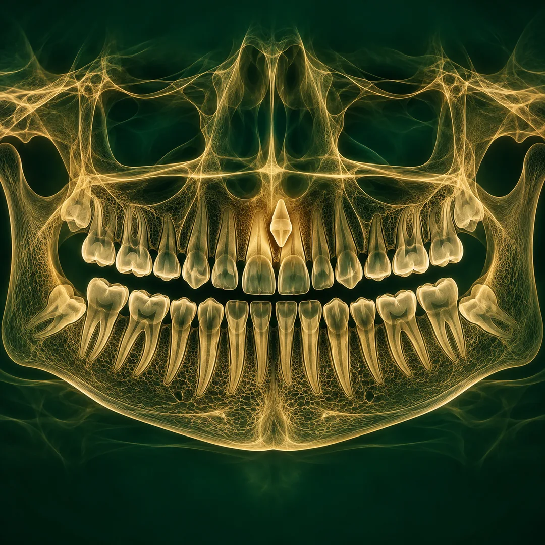 Radiografía de un diente supernumerario (mesiodens) para valoración maxilofacial en Cancún