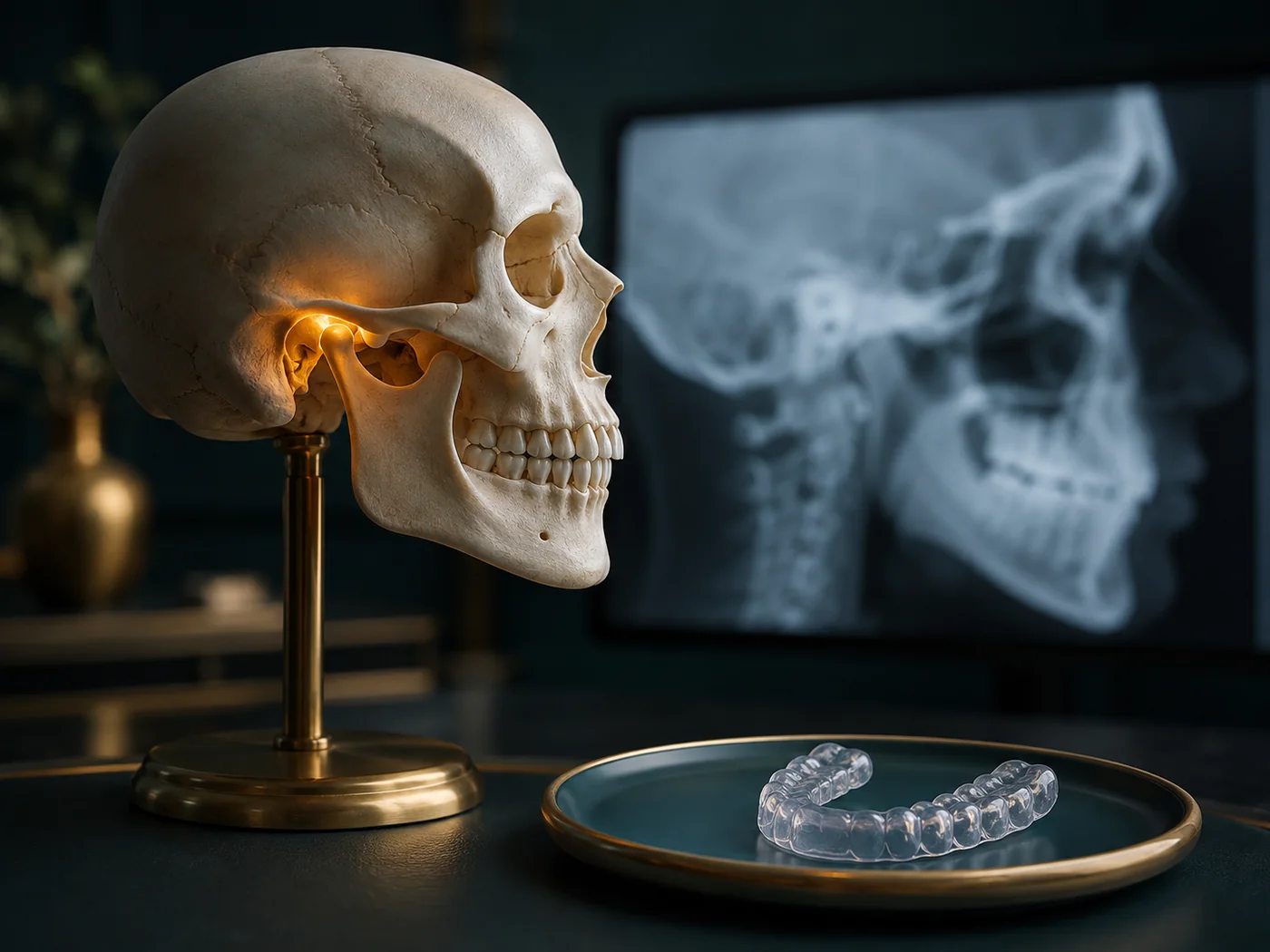 Skull highlighting the temporomandibular joint next to a lateral X-ray and a splint
