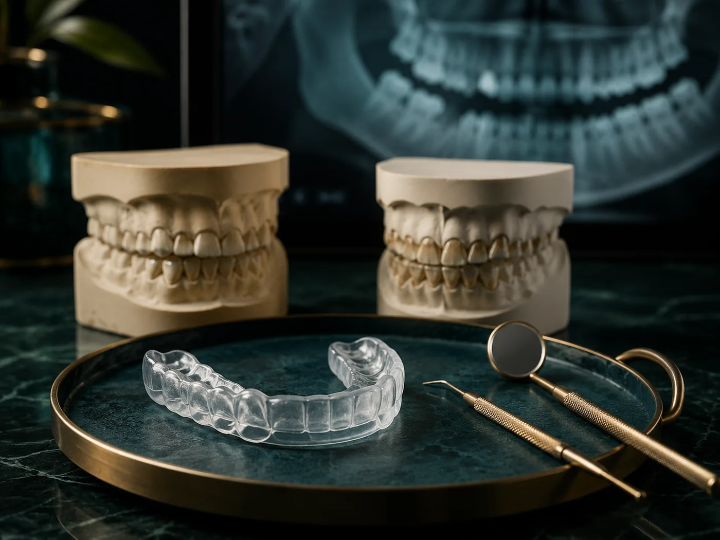 Ferula dental transparente junto a modelos dentales y radiografia panoramica
