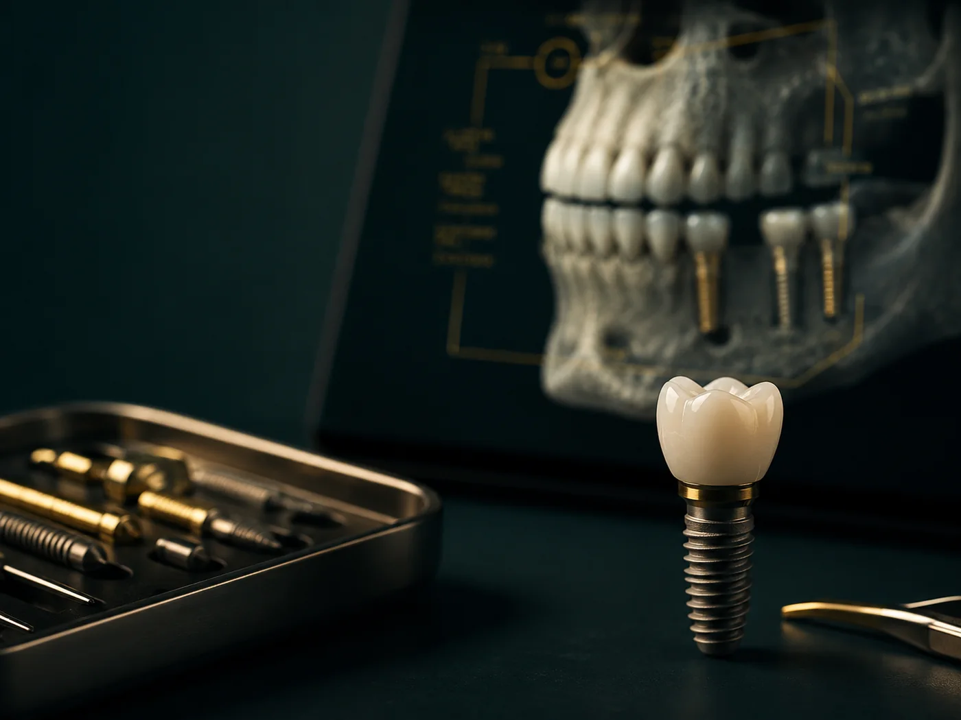Implante dental junto a radiografía e instrumental