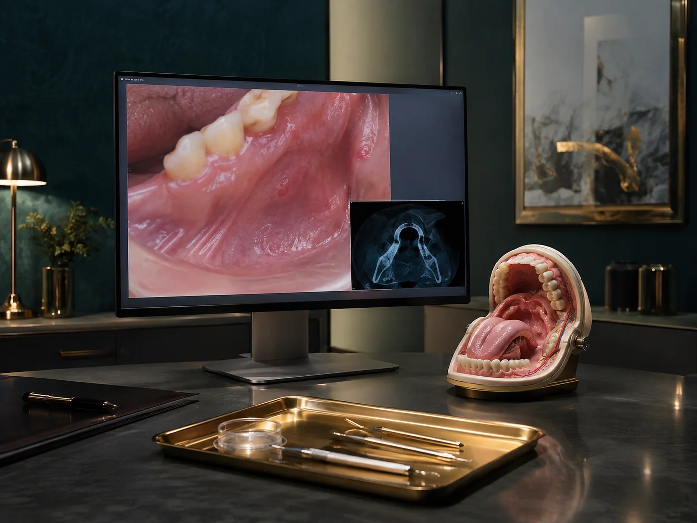 Exploracion de una lesion de la mucosa oral en pantalla junto a modelo anatomico