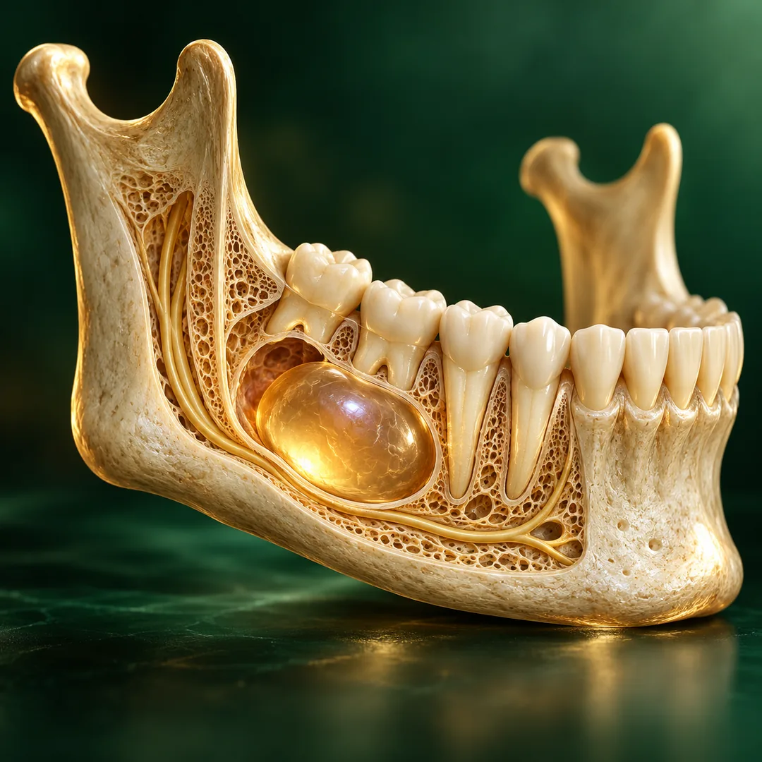 Radiografía de un quiste en la mandíbula para valoración maxilofacial en Cancún